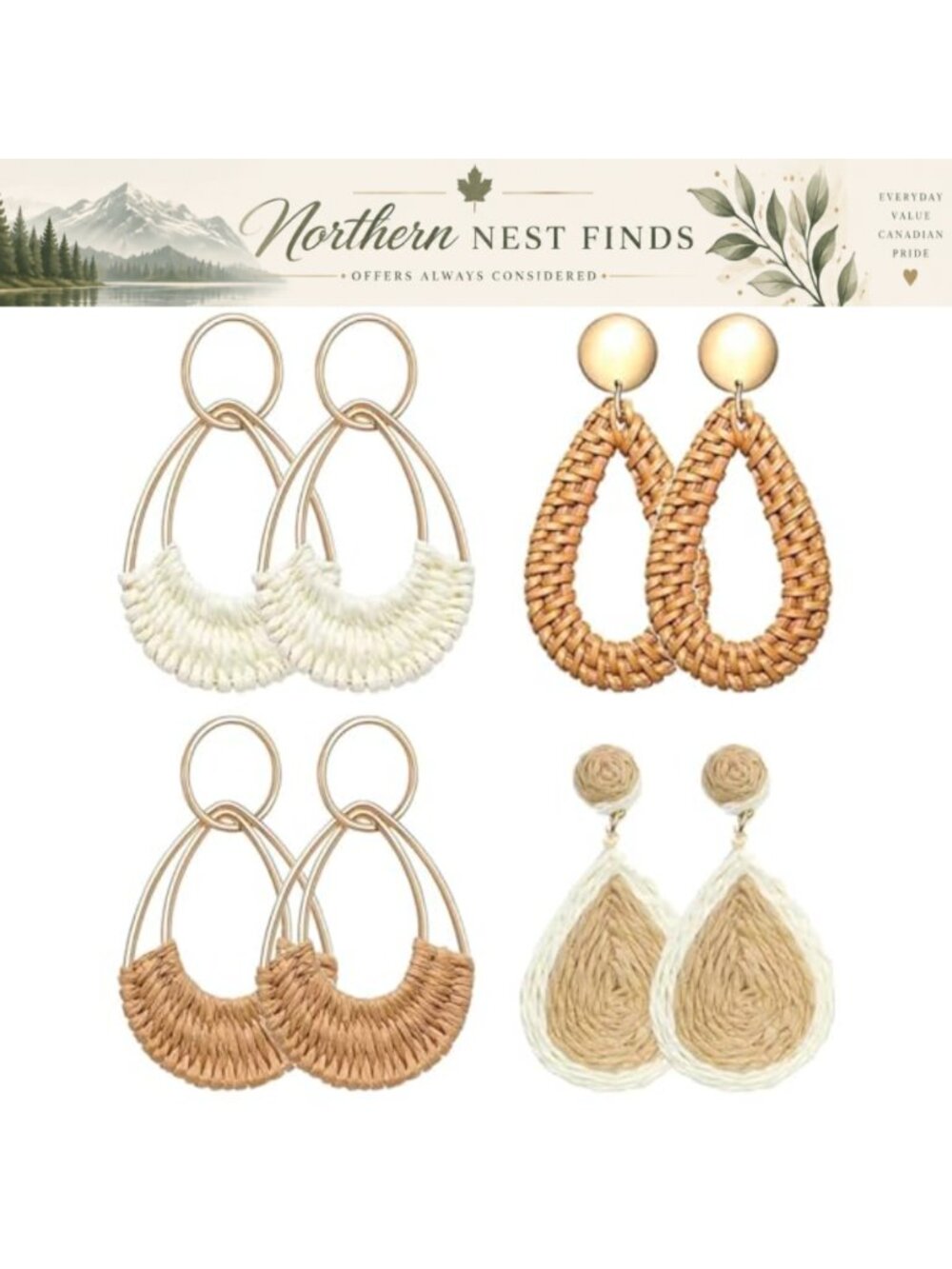 Handmade Raffia Rattan Bohemian Round Drop Dangle Earrings Set for Women